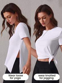 Lifespree Women's Knotted Solid Color Sports T-shirt - White - View 3