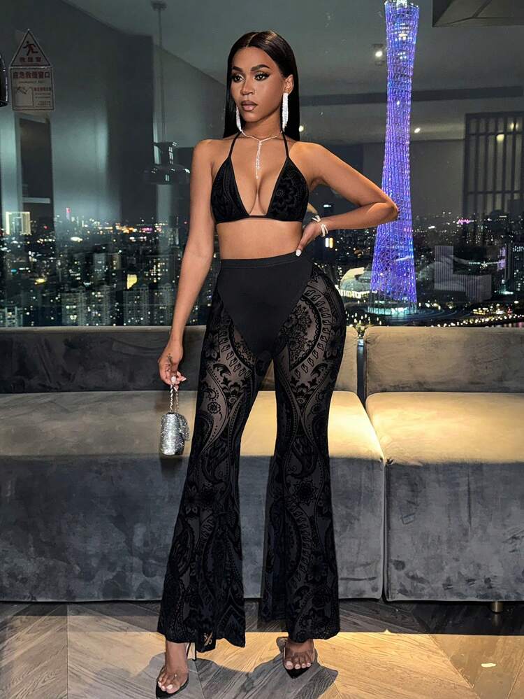 Women's Paisley Print Halter Neck Backless Top And Flare Pants Two Piece Set