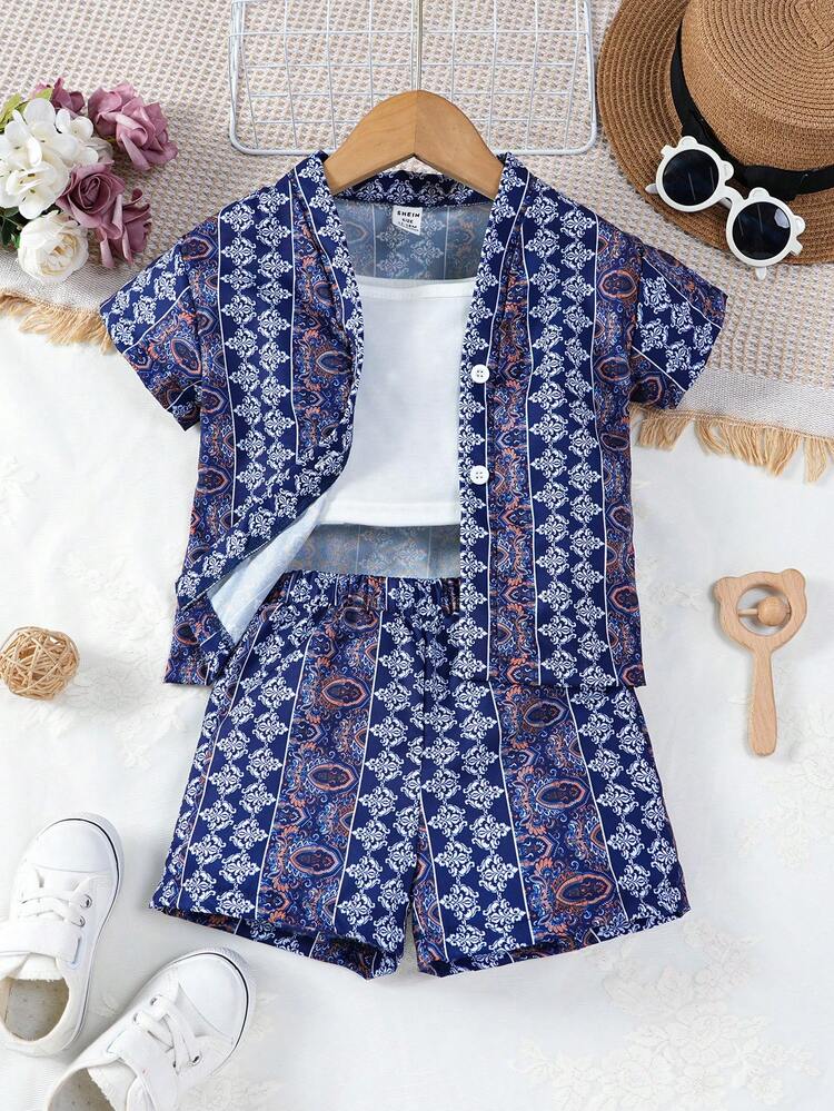Baby Girls' Short Sleeve Shirt + Woven Shorts + White Camisole Top With Full Pattern 3pcs Outfit Set