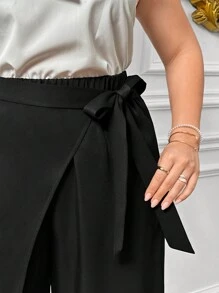 SHEIN Privé Solid Color Front Wrap Tie-Waist Wide Leg Pants, Mountain Inspired - Black - View 3