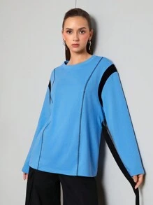 SHEINNeu Camiseta De Manga Larga Para Mujer Con Detalles De Costuras En Contraste - Azul - Ver 4