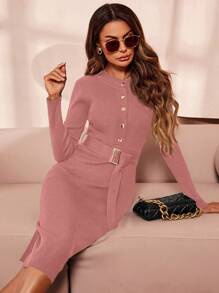 SHEIN Clasi Của phụ nữ Nút Áo len dệt kim Đầm - Hồng - Xem 5