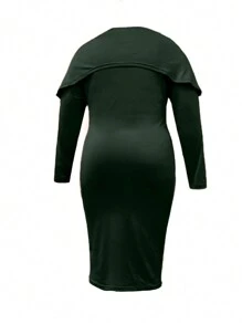 Maweii Plus Size Women's Foldover Collar Bodycon Dress - Dark Green - View 2