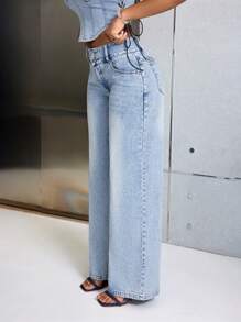 SHEIN SXY 寬腿牛仔褲 - 藍色 - 查看 3