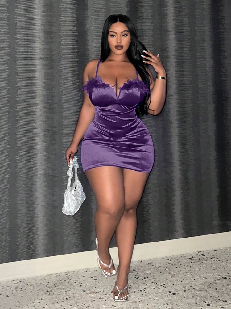 SHEIN Slayr Robe Décontractée Grande Taille Avec Détails De Bordure En Fourrure Et Bretelles Spaghetti - Prune - Voir 4