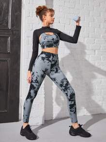 Teenage Girls' Tie Dye Grey Yoga Suit With High Elasticity, Free Stretch, Skin-Friendly, Comfortable, Soft And Breathable For Outdoor Sports - Multicolor - View 3