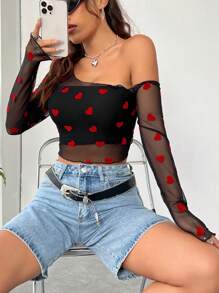SHEIN EZwear 情人节女士红色心形网纱不对称领口荷叶边上衣，适合春夏穿着 - 黑色 - 查看 6