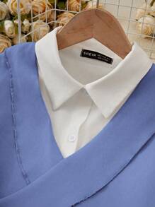 Calvaya Vrouwen Colorblock Front Tie Lange Mouw 2 In 1 Blouse Dames Shirt