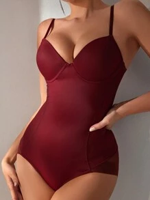 女用鋼托腰部修身連身衣 - 酒紅色 - 查看 3