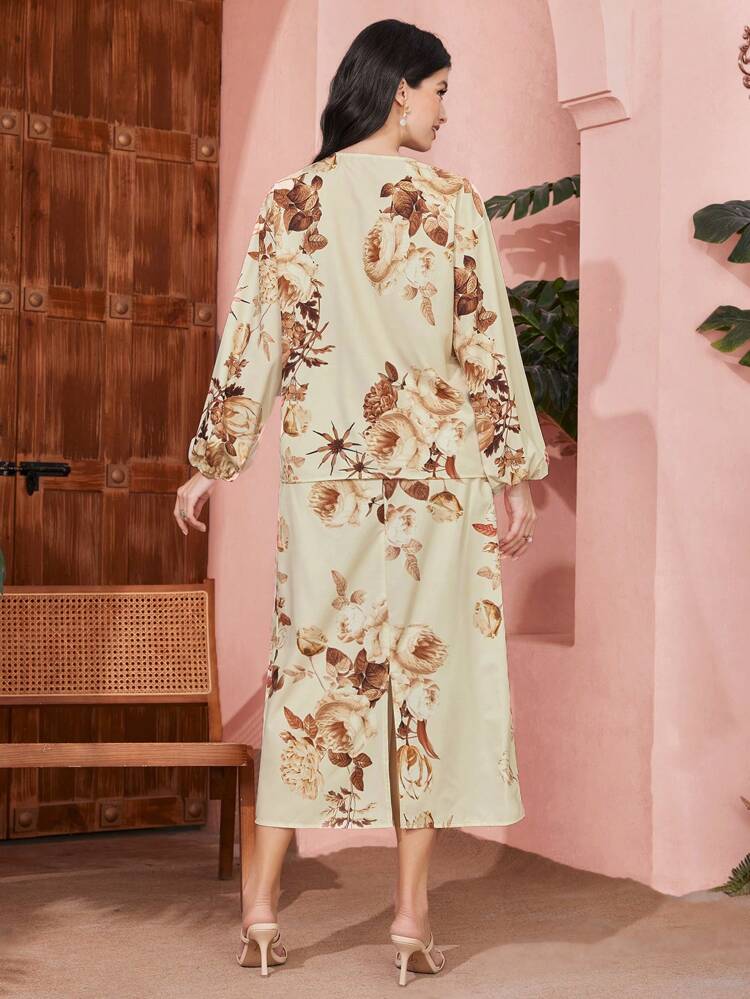 Women'S Floral Print Lantern Sleeve Two-Piece Set 2 Piece Set