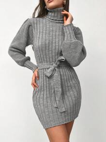 Vestido de punto cuello alto tejido de canalé con cinturón - Gris - Ver 3