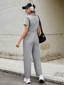 SHEIN EZwear 灰色編織女士連身褲,斜口袋和拉鍊前 - 灰色 - 查看 2