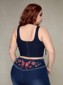 ROMWE PUNK Casual Plus Size Women'S Eyelet Lace-Up Sleeveless Denim Top - Blue - View 3