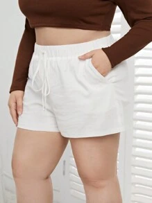 SHEIN Essnce 女士加大尺碼寬腿白色短褲,適用於度假,白色面料 - 白色 - 查看 4