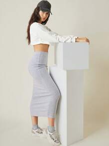 SHEIN BASICS Casual Solid High Waist Bodycon Skirt - Light Grey - View 3