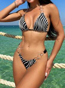SHEIN Swim Conjunto de Maiô Bikini Separado de Listras Colorblock para Praia no Verão - Multicolorido - Visão 4