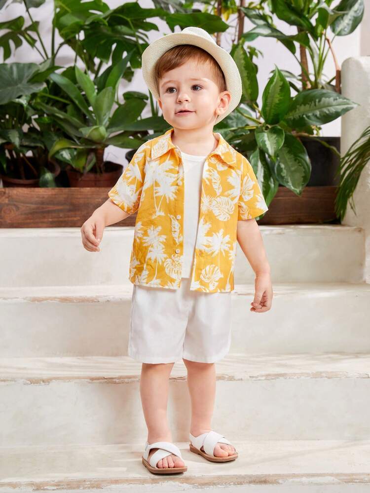 Unisex Baby Coconut Tree Patterned Turn-Down Collar Short Sleeve Top And Solid Shorts Set