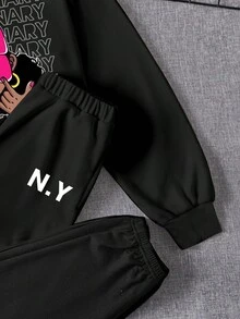 Teen Girls' Casual Letter & Cartoon Print Long Sleeve Hoodie And Sweatpants Set, Suitable For Autumn And Winter - Black - View 4