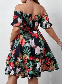 SHEIN Clasi Women's Plus Size Floral Printed Off-Shoulder Cable Knit Sweater Dress Vacation Beach Outfit - Black - View 2