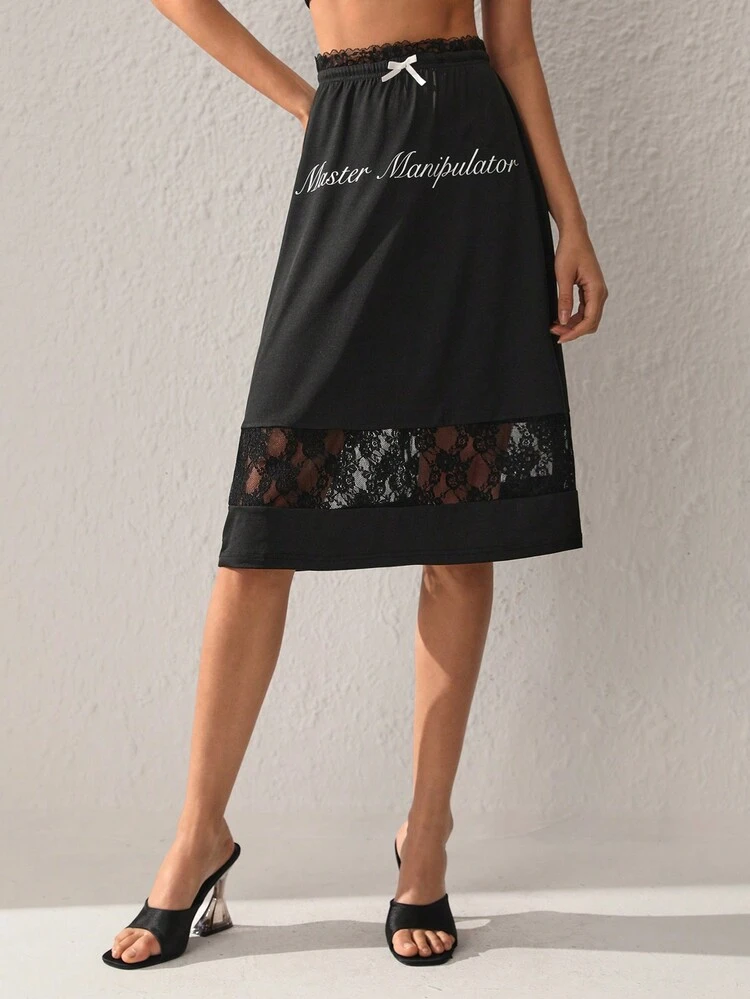 Designer Women's Letter Printed Contrast Lace Elegant Skirt, For Holiday, Party, Thanksgiving, Vacation, New Year Eve, Valentine's Day, Festival