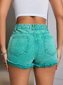 SHEIN SXY Shorts De Mezclilla Lavados Con Dobladillo Deshilachado - Verde - Ver 2