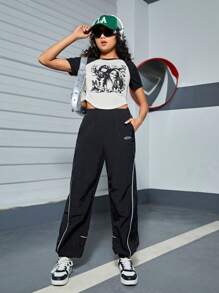 少女肖像印花衛衣和拼接口袋褲 2入組 - 黑色 - 查看 5