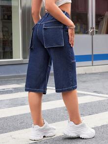 SHEIN ICON Pantalones Cortos Capri de Mezclilla con Bolsillos Cargo - Azul lavado oscuro - Ver 2