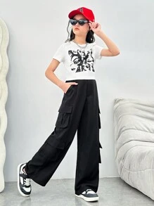 SHEIN Set de pantaloni procesați și top cu mânecă scurtă, tricot, cu gât rotund, îmbrăcăminte de stradă sport pentru fete