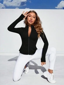 Daily&Casual Zippered Collar, Pocketed Black Jacket - Black - View 3