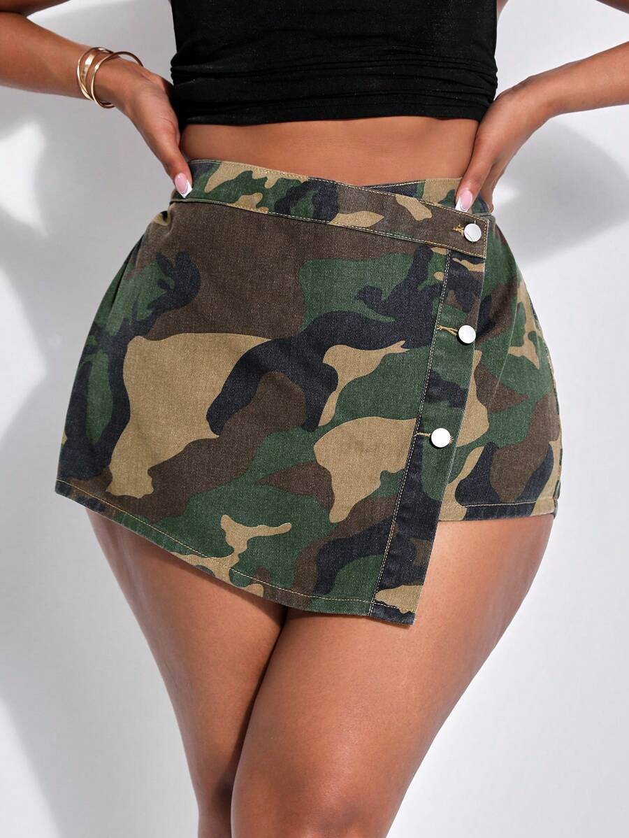 SHEIN SXY 大尺碼女款迷彩牛仔短裙褲 - 彩色 - 查看 1