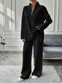 EURMUSE Ladies' Solid Color Casual Knitted Sweater 2pcs/Set - Black - View 4