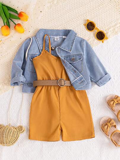 SHEIN 2入組寶寶女孩春夏季洗水牛仔襯衫和純色連體褲