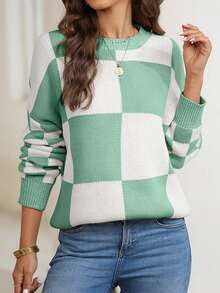 Jersey De Cuadros Con Hombros Caídos - Verde - Ver 1