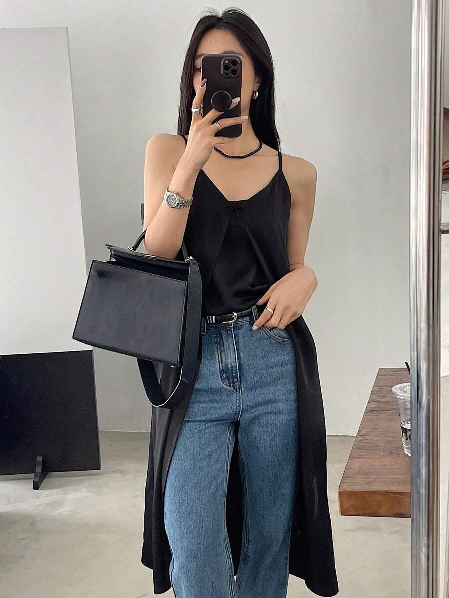 DAZY Women'S Asymmetrical Hemline Spaghetti Strap Dress - Black - View 1