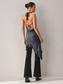 THEA Designer Women's Front Tie Asymmetrical Ruffle Hem Halter Top, For Summer, Holiday, Going Out, Festival - Grey - View 2