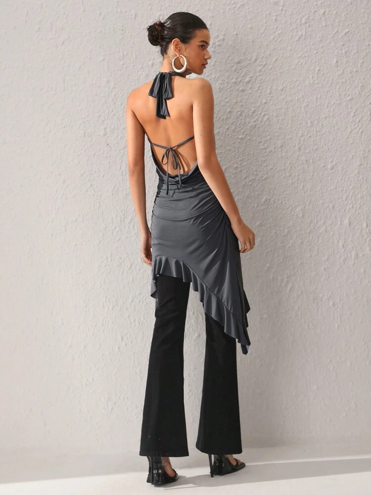 Designer Women's Front Tie Asymmetrical Ruffle Hem Halter Top, For Summer, Holiday, Going Out, Festival