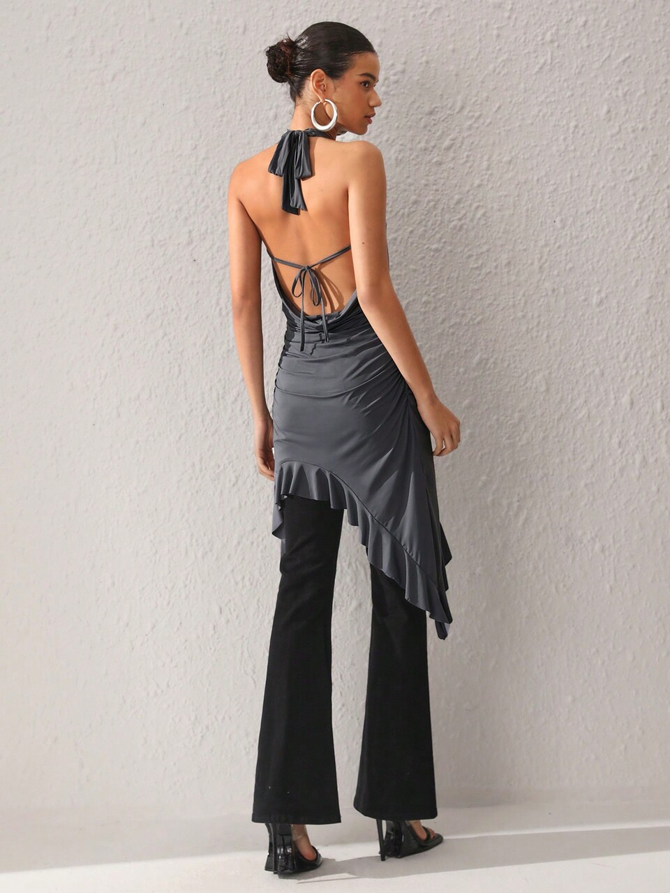 Designer Women's Front Tie Asymmetrical Ruffle Hem Halter Top, For Summer, Holiday, Going Out, Festival