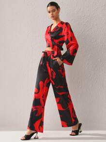 S Essence Drawstring Waist Satin Wide Leg Pants - Multicolor - View 1