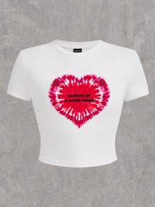 SHEIN EZwear 1pc Heart & Letter Print Plus Size Slim Fit Casual T-Shirt, Valentine's Day - White - View 1