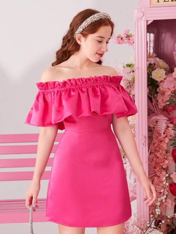 SHEIN 少女純色梭織露肩休閒連身裙