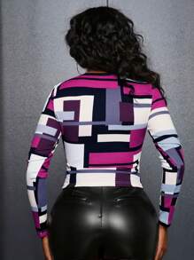 Slaydiva Zip-Front Colorful Geometric Printed Sweatshirt