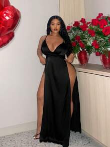 Slaydiva Váy dài xẻ cao Slayr Plus Size thanh lịch gợi cảm bằng vải satin chữ V sâu dành cho nữ - màu đen - Xem 1