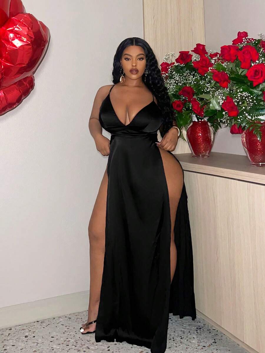 Slaydiva Váy dài xẻ cao Slayr Plus Size thanh lịch gợi cảm bằng vải satin chữ V sâu dành cho nữ - màu đen - Xem 1