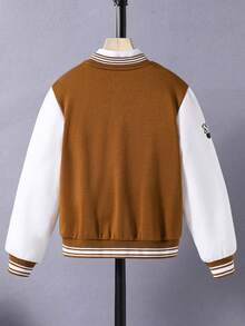 男孩拼色字母印花條紋邊緣紐帶前夾克 - 棕色 - 查看 2