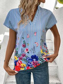 EMERY ROSE Quý cô Sọc Hoa In tay cánh Áo sơ mi - Màu xanh lam - Xem 6