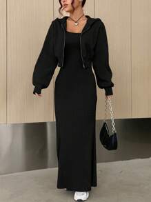 SHEIN EZwear Ladies' Two-piece Multicolor Jacket And Cami Dress Set