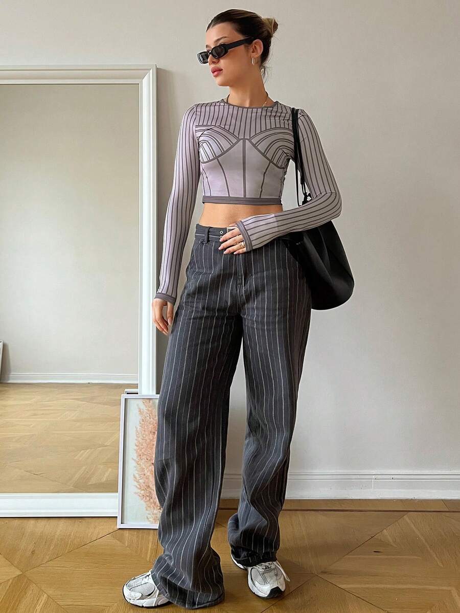 SHEIN Essnce Women's Line Pattern Print Cropped Long Sleeve T-Shirt - Khaki - View 1