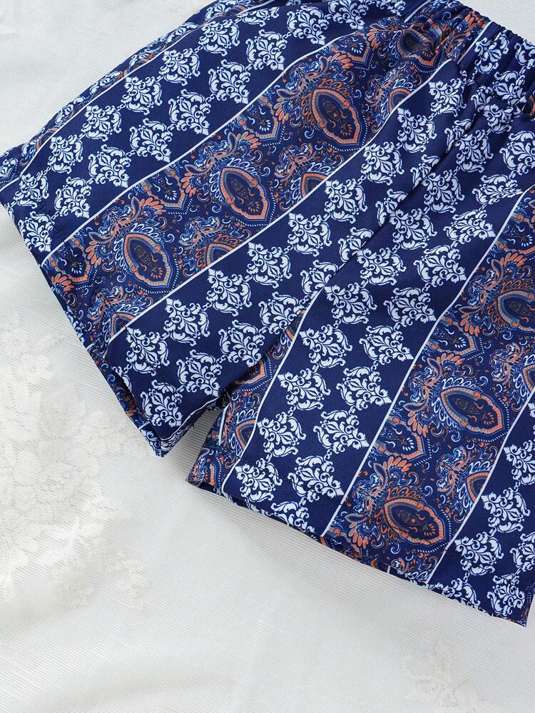 Baby Girls' Short Sleeve Shirt + Woven Shorts + White Camisole Top With Full Pattern 3pcs Outfit Set