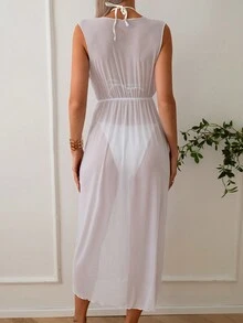 SHEIN Swim Của phụ nữ Không tay Kimono Áo len Mở Với Eo Nút Lễ cưới - trắng - Xem 3