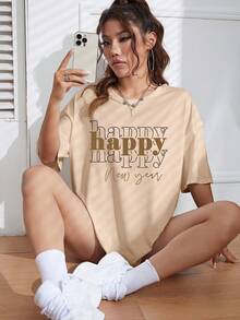 SHEIN EZwear Ladies' Chinese New Year Slogan Print T-Shirt - Apricot - View 5